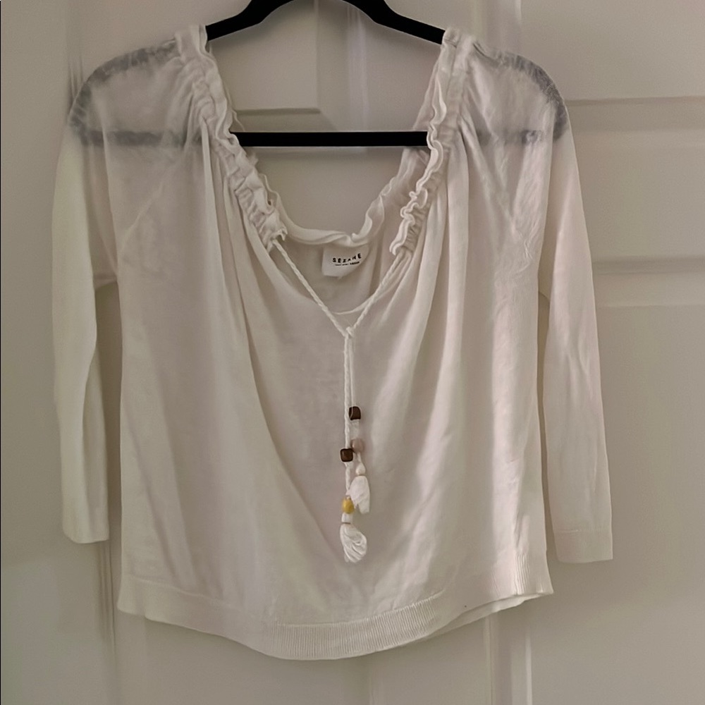 Sezane Cream Ruffled Blouse with 3/4 Sleeves